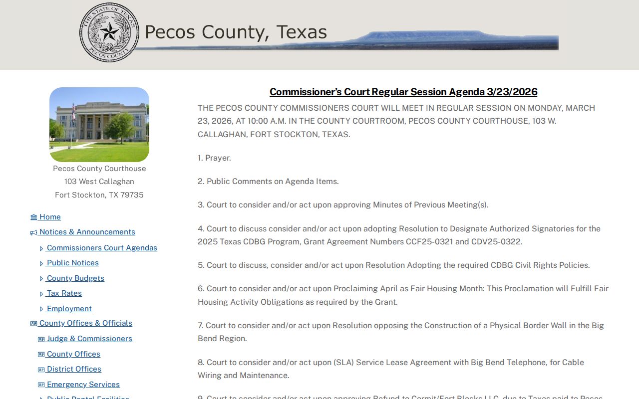 Pecos County jail records context from a county commissioner agenda