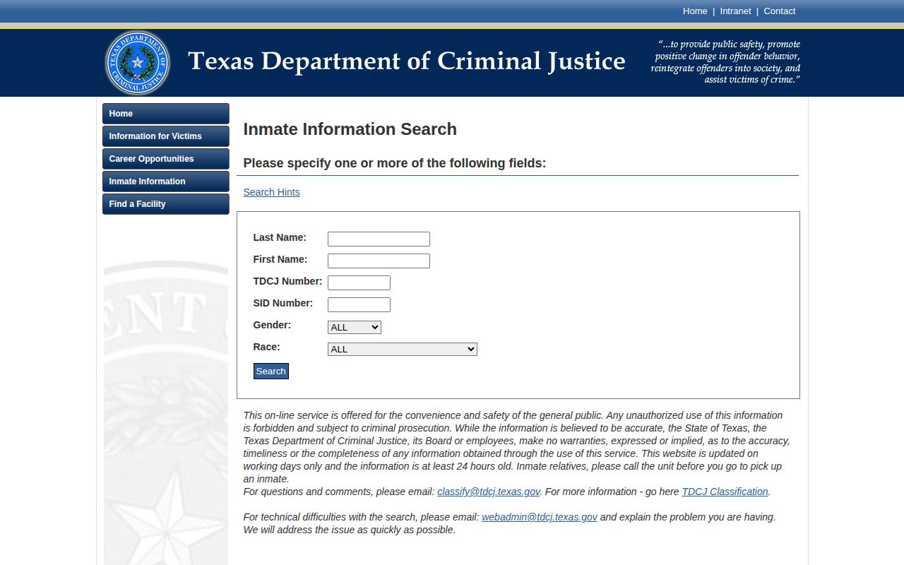 Texas Department of Criminal Justice state custody record search interface for Pecos County inquiries